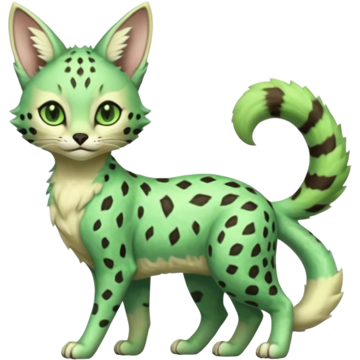 Epic complex detailed emerald-green pastel-lime-green dark-brown beige pastel realistic aesthetic-scenic-Fakémon-Sprigatito-Floragato-Meowscarada-Trico-Sergal-Serval-Vernid-creature emoji