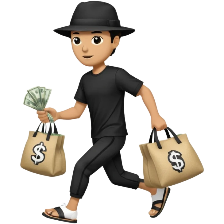 Make a man wear a black pant and he shirt is balck line and white line and wear a black hat and he holding a money bag and he running he wear a black eye thing no money in the Left hand and he yellow and the money bag in the right he wear a flip flop like this is Money bag 💰 NO MONEY emoji