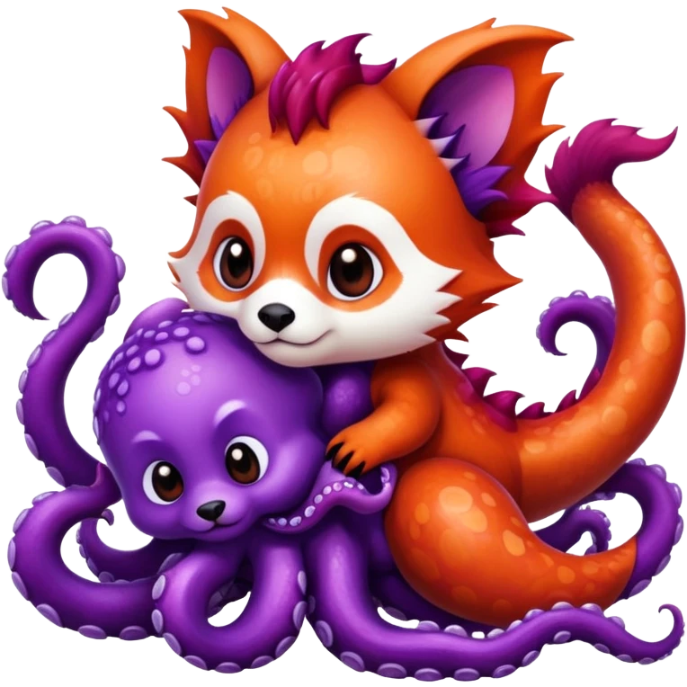 Dragon in the background with a purple octopus 
 and a red panda  emoji
