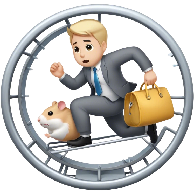 Create an emoji of a tired, overworked entrepreneur running on a hamster wheel, chasing a floating dollar sign or a bag of money. The character has dark circles under their eyes, looks exhausted, and appears stuck in an endless cycle. The hamster wheel represents constant struggle, while the money is always just out of reach. The style should be clean and easily recognizable as an emoji

 emoji