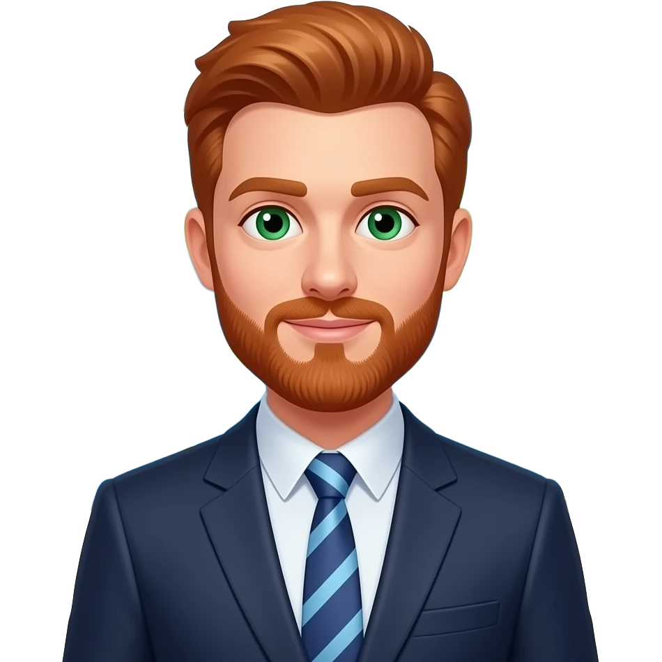 Weatherman, weather map behind him in news room, redheaded, short beard, green eyes emoji