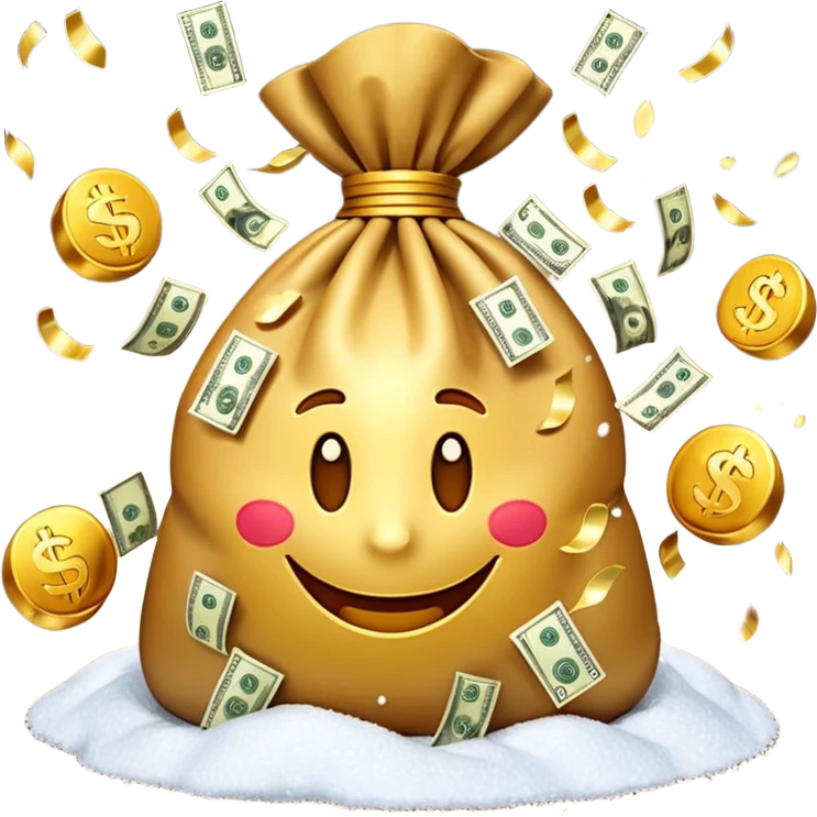 3D emoji style, money bag with dollar bills, New Year theme, snow particles, festive lighting, rich vibe, high detail, transparent background

 emoji
