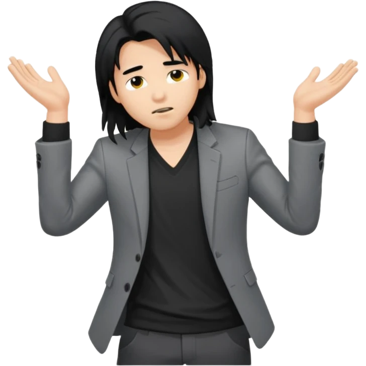 asian young man with long black hair falling on the forehead in grey blazer and black t-shirt  emoji