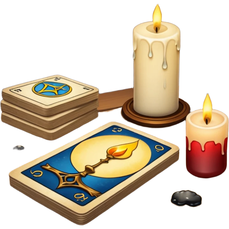 A deck of tarot cards lies on the table, and a candle stands nearby emoji