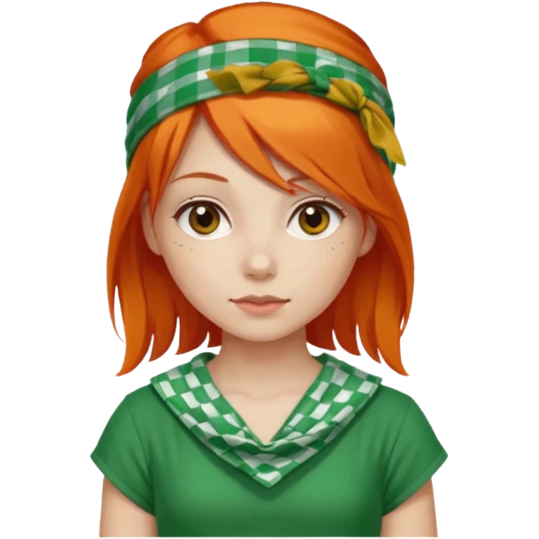 girl orange hair, wear red and white checkered bandana, green dress emoji