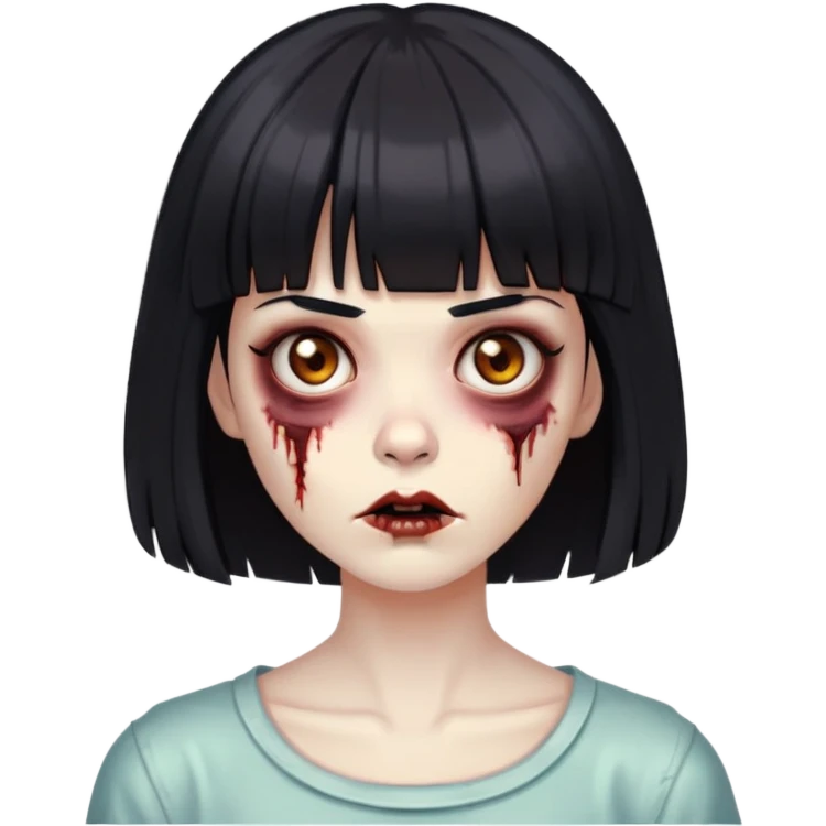Faça uma mulher zumbi, de cabelo preto curto com franja e olhos grandes castanhos emoji