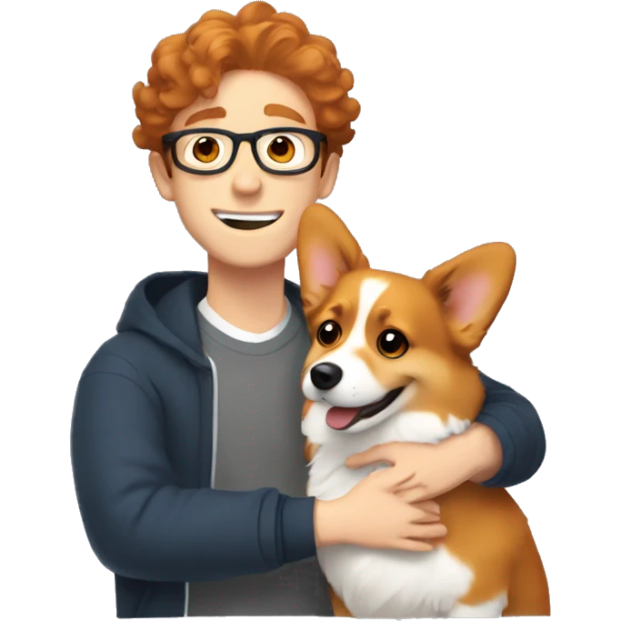 A young man with wavy hair and thin eyeglasses hugs a red-haired corgi emoji