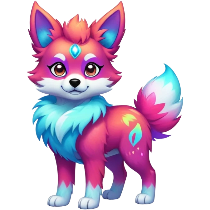 Vibrant multicolored neon-colored Falvie-Fionbri-creature-sparkle-dog-fursona, full body emoji