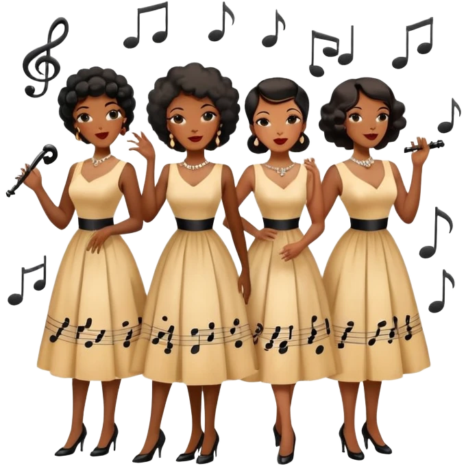 a group of Black women jazz singers in retro style, harmonizing with musical notes emoji