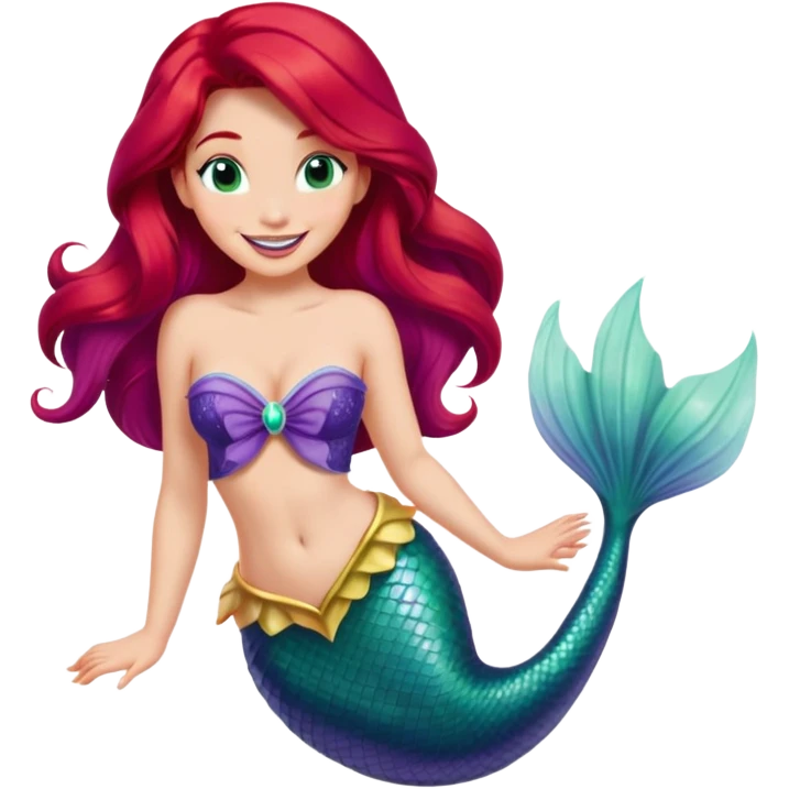 Disney Ariel mermaid with long red hair, green tail, and purple seashell top, smiling emoji