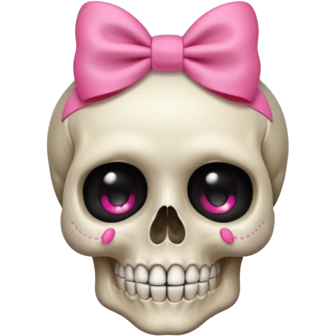 a shy skull with a pink bow, subtle smile, bashful look, apple style emoji emoji