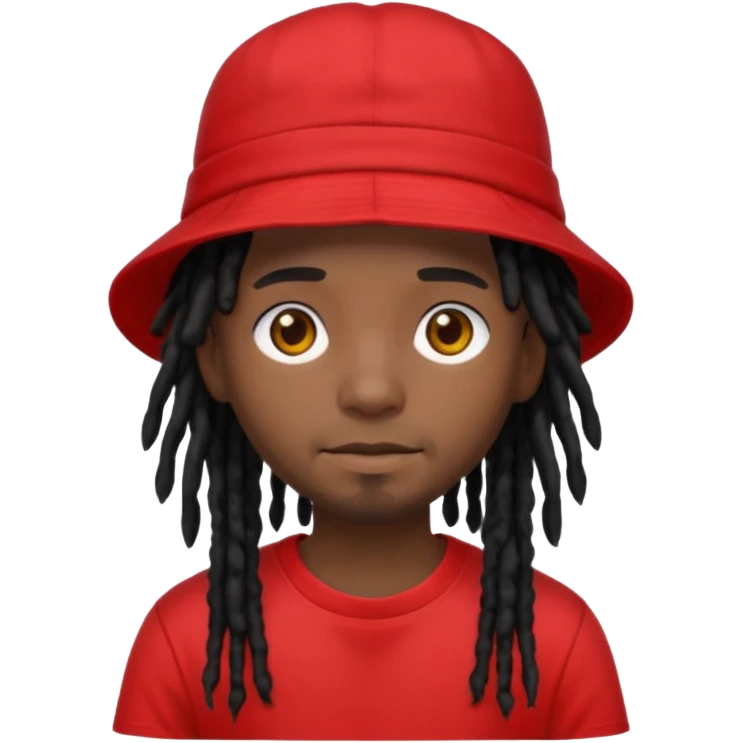dark brown skin, black hair dreadlocks, wear red t-shirt, black bucket hat emoji
