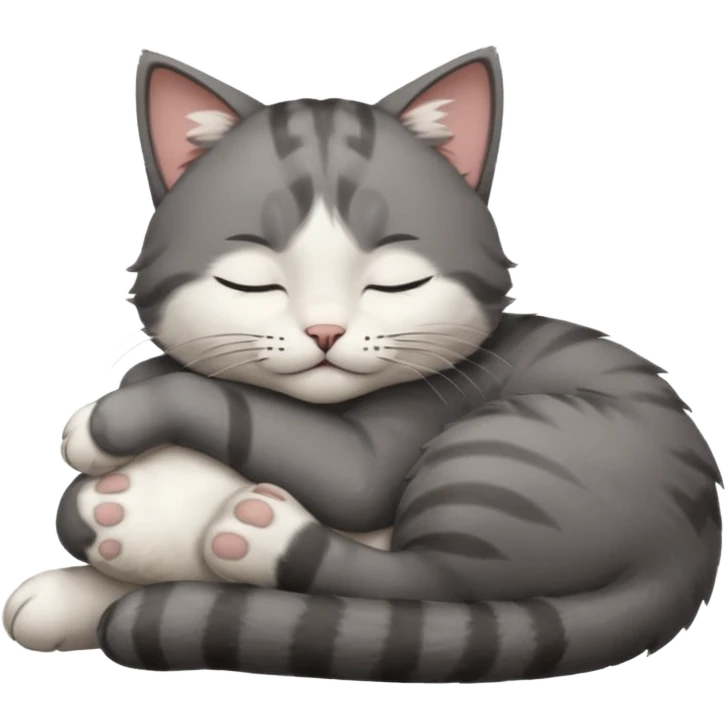 dark grey and white small cat with closed eyes, leaning his head on his paw while leaning on his elbow lying down emoji