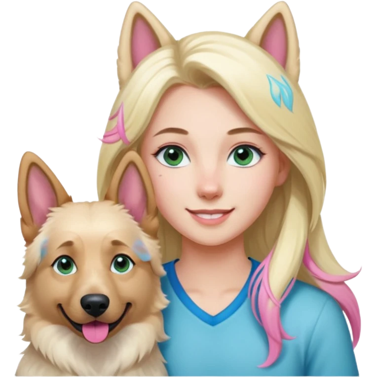 White European young woman with blue-green eyes and long blond hair with 1 pink streak in her hair with her white German Shepherd dog with pink nose and short fur emoji