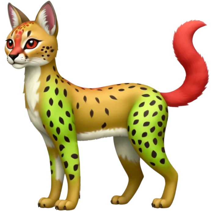 Colorful cute adorable tropical exotic fruity kiwi-green lemony rosy neon-red Caracal-Cheetah-Serval-Snow-Leopard-Trico-Sergal-Vernid-fusion-hybrid-animal-creature, full body, with tribal markings emoji
