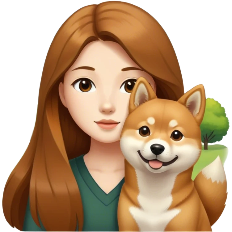girl long brown hair with shiba inu outdoors emoji