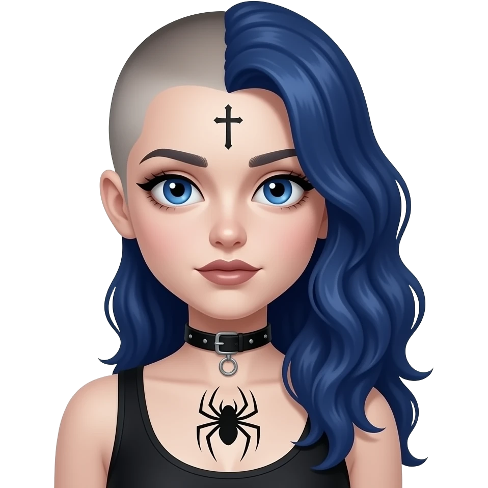 Goth girl with half of her hair shaved, the unshaved part is really long and wavy and blue eyes she has a spiderw3d tattoo on her chest and a small cross tattoo on her temple emoji