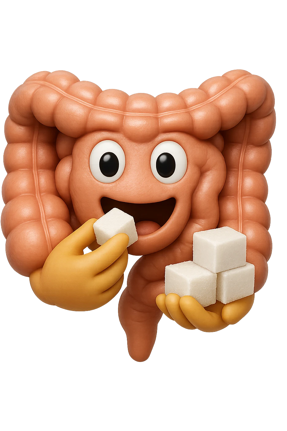 emoji stile iphone di un intestino anatomico che mangia zollette di zucchero, iperrealistico 4k, isolato su sfondo bianco emoji