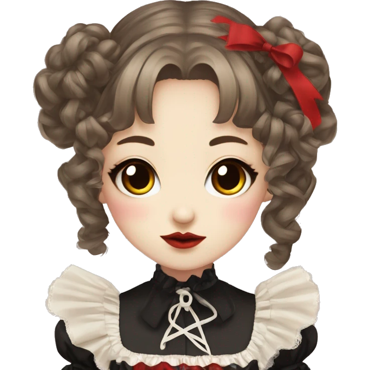 Japanese pale woman with brown curly pigtails and bangs, red lips and eyeshadow, long eyelashes, brown eyes, red Lolita dress with laces and ribbons, gothic Lolita doll look emoji