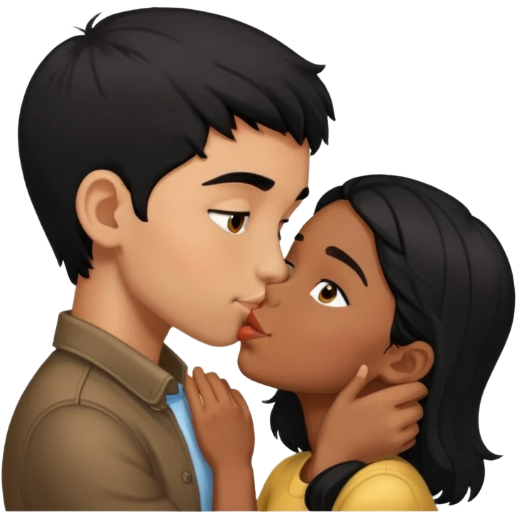 Black haired brown skinned boy kissing a black haired light skinned girl emoji