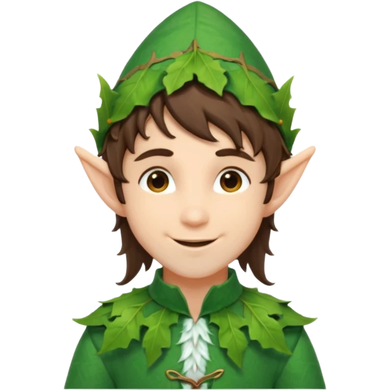 handsome elf with messy brunette hair wearing a leafy outfit and smile confidently emoji
