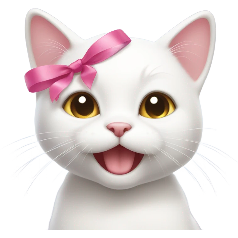 White cat smiling cutely with a cute pink ribbon on her head  emoji