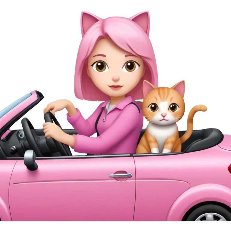 Girl driving a pink car with her cat emoji