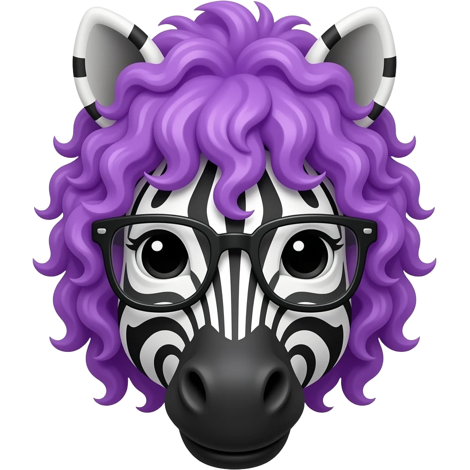 zebra with glassess, and purple curly hair face front emoji