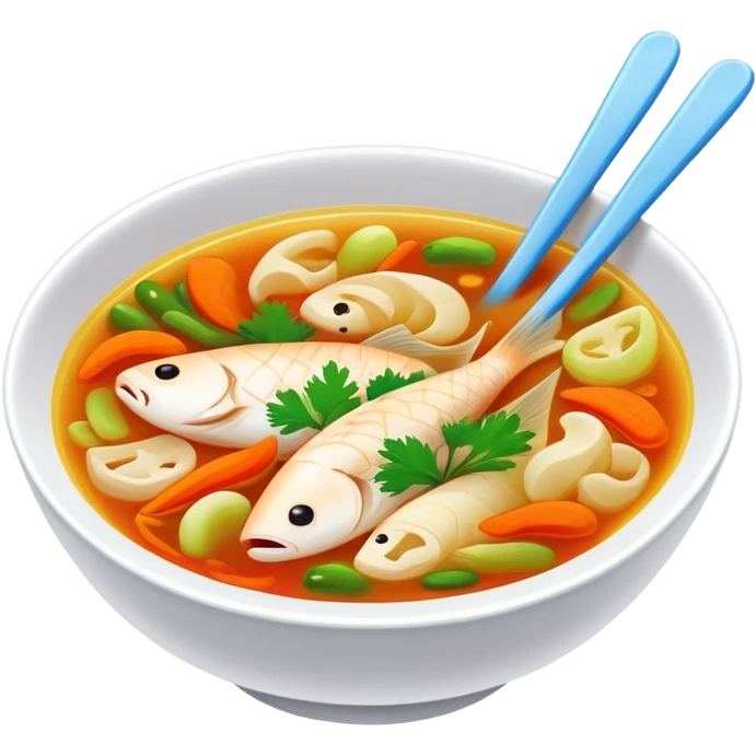 Guizhou sour fish soup with pickled vegetables, simplified emoji style with bold outlines and bright colors, cartoon style spicy sour fish dish emoji