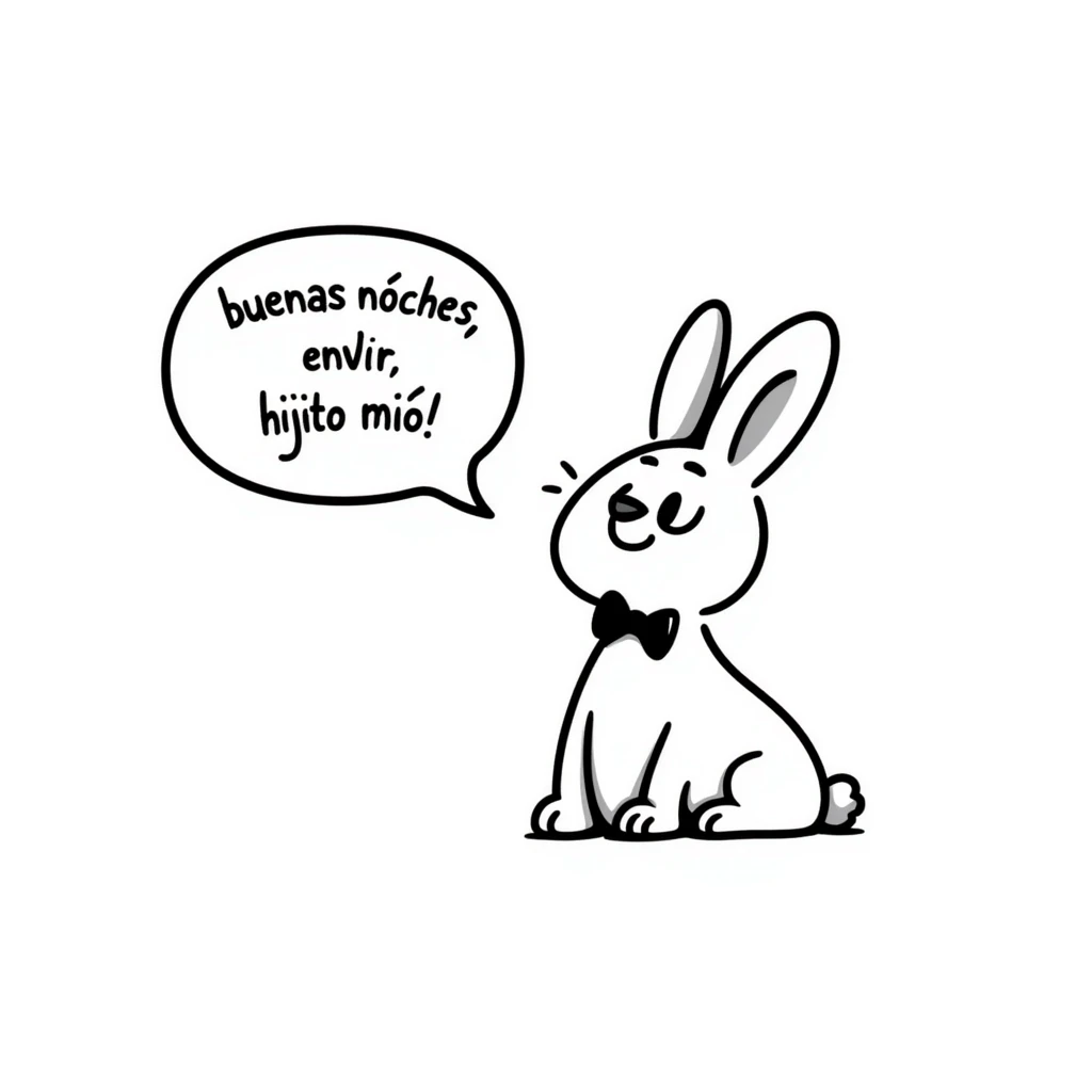 A cute rabbit saying "buenas noches, hijito mío!" in a speech bubble. The rabbit looks loving and gentle, like a parent saying goodnight to a child. emoji