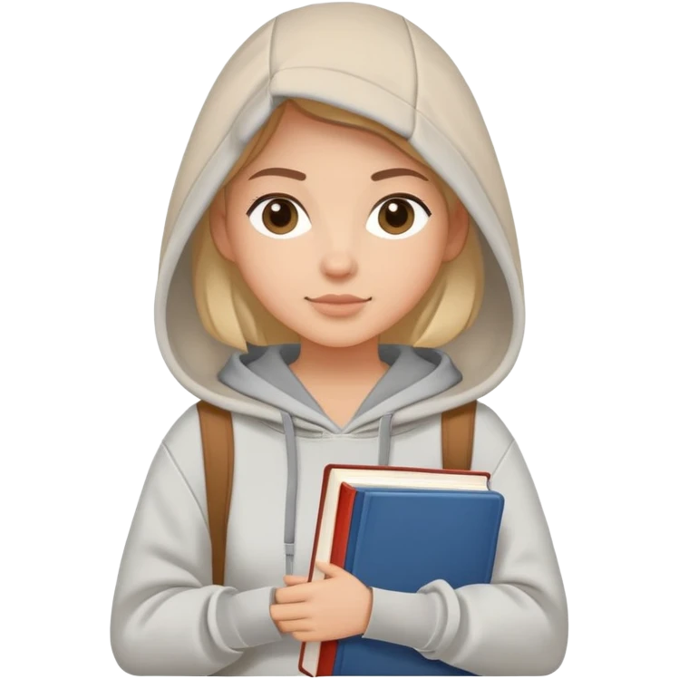 A flat-style illustration of a woman college student with a tote bag over her shoulder and a book in one hand. The student wears a hoodie. Clean cartoon style, white background, iOS emoji aesthetic. emoji