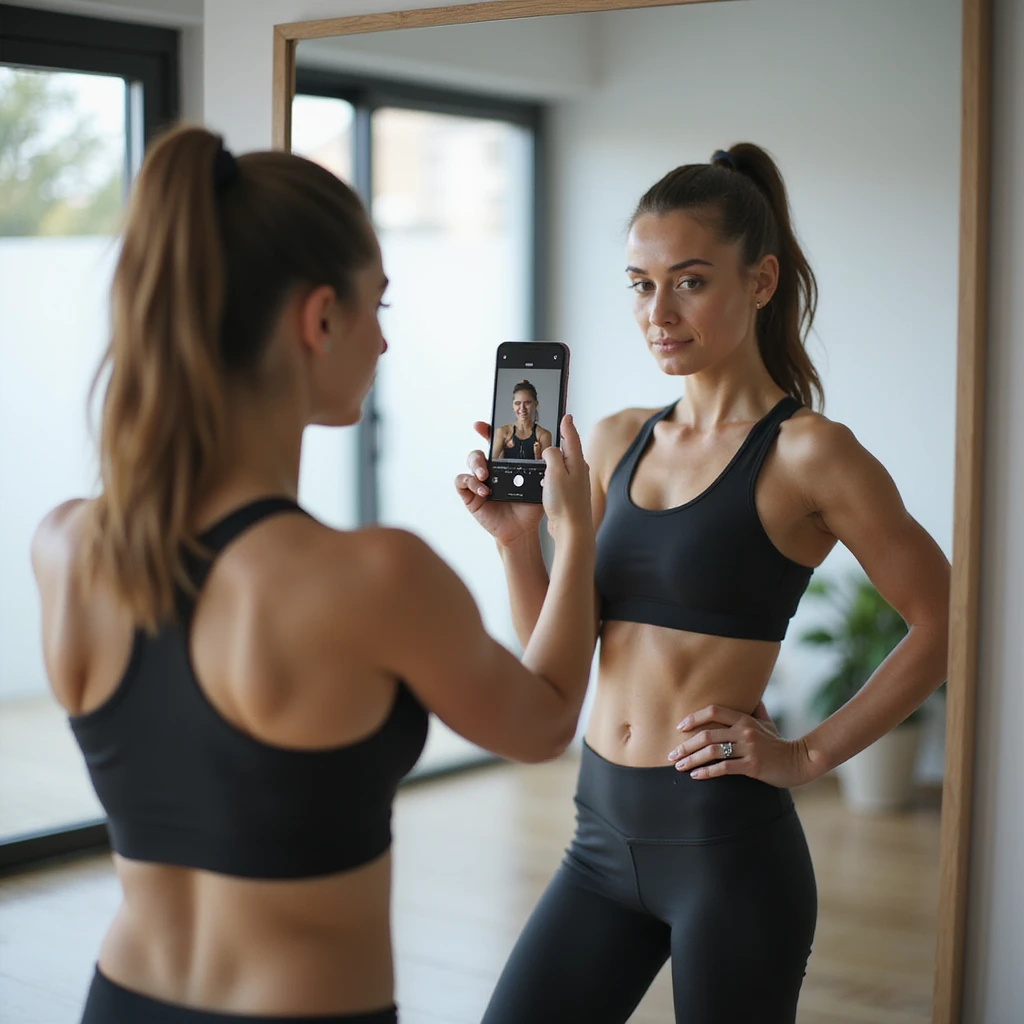 young woman in modern sportswear, standing pose in front of mirror in a bright room, doing a video check with smartphone for her coach, showing physical fitness, concentrated expression, hyperrealistic details, 4K, tidy and motivational environment emoji