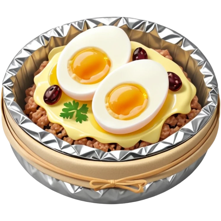 steamed ground pork with raisins, sliced boiled egg, wrapped in foil emoji