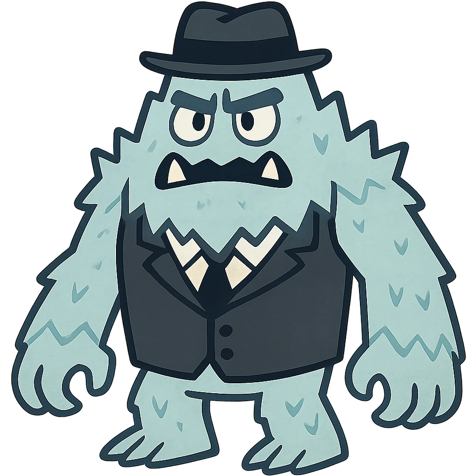 flat toon style ice monster with a black and white suit and hat emoji