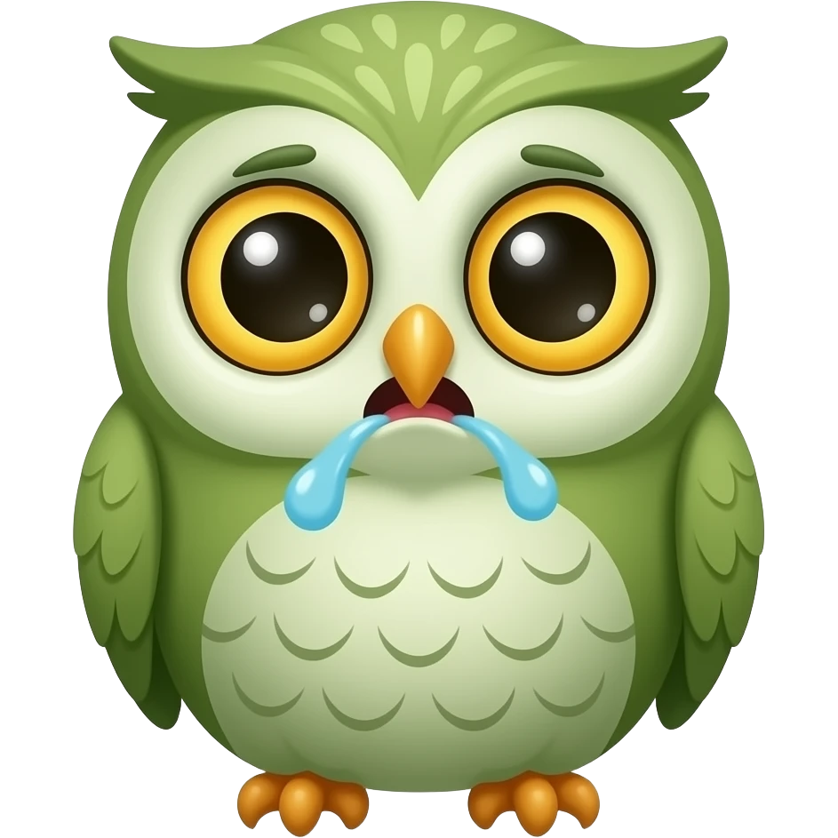 Cartoon cute tiny little Baby owl Green skin illness sickness spitting choking confused emoji