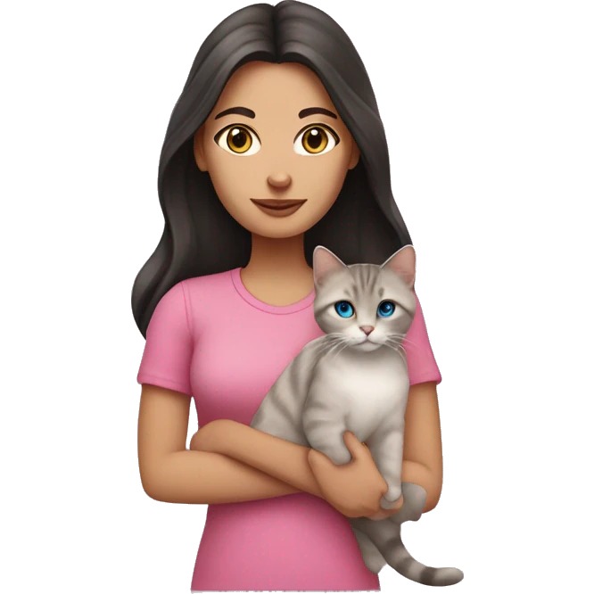 White woman with blue eyes and long dark hair wearing a pink shirt and holding a tabby cat emoji