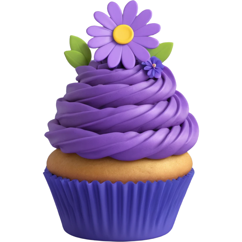 A 3D iOS-style blueberry cupcake with a purple frosting swirl, a single blueberry on top, and a small flower decoration, based on the reference image. The cupcake should have a purple wrapper and a golden-brown base, with a light shadow underneath. emoji