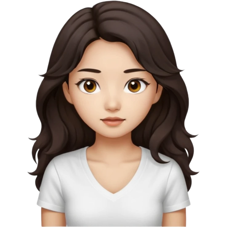 iOS style emoji. girl with very long dark brown wavy hair. And the eyes color is dark brown. And she is wearing white t shirt with V kneck. And she is 30. She is Asian with double eyelids  emoji