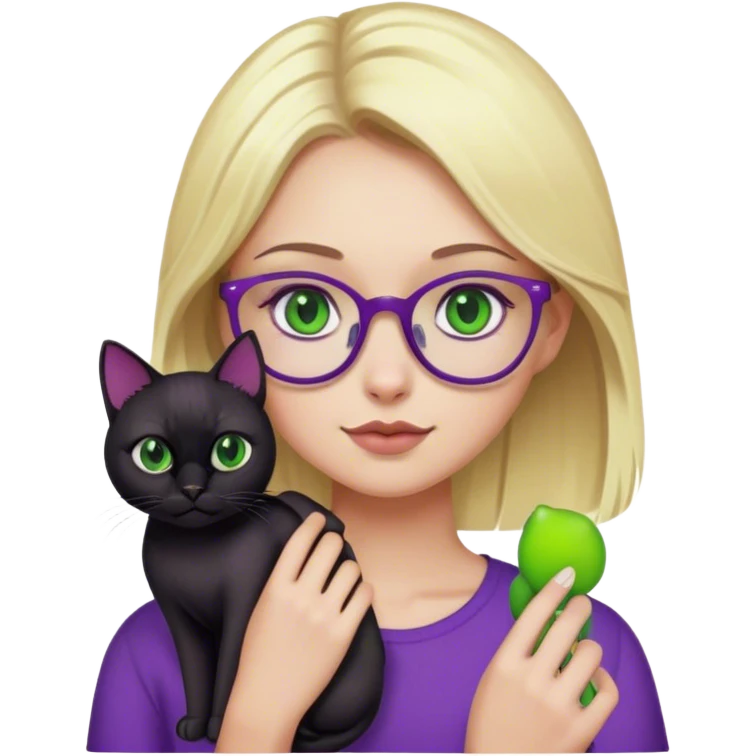 blonde girl wearing purple with green eyes and glasses  holding a black cat  emoji