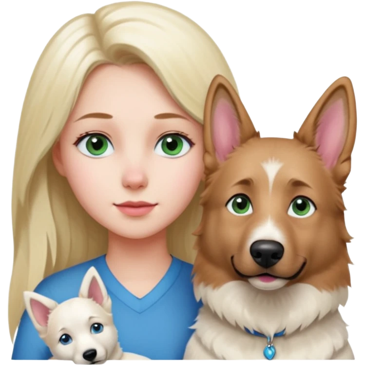 White European young woman with blue-green eyes and long blond hair with her white German Shepherd dog,the Dog has a pink nose and short fur  and Brown eyes emoji