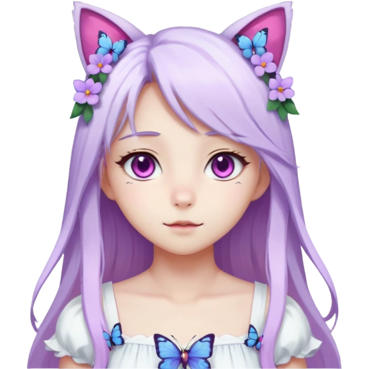 female anime character with pink eyes long white hair periwinkle highlights and cat ears on her head. She is wearing a white dress with purple flowers and butterfly. emoji