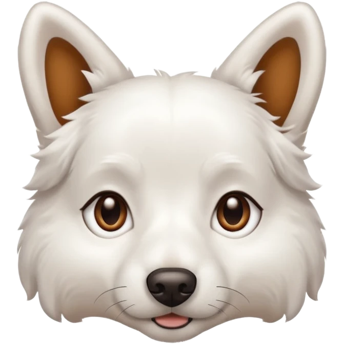 a completely white dog with brown eyes, a long, medium-sized body, and ears with small brown specks on them. emoji