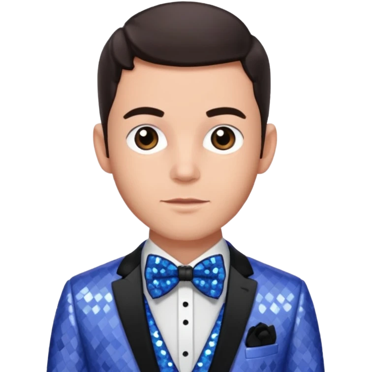 Jonathan Bailey with dark brown hair, periwinkle sequin suit with bow tie emoji