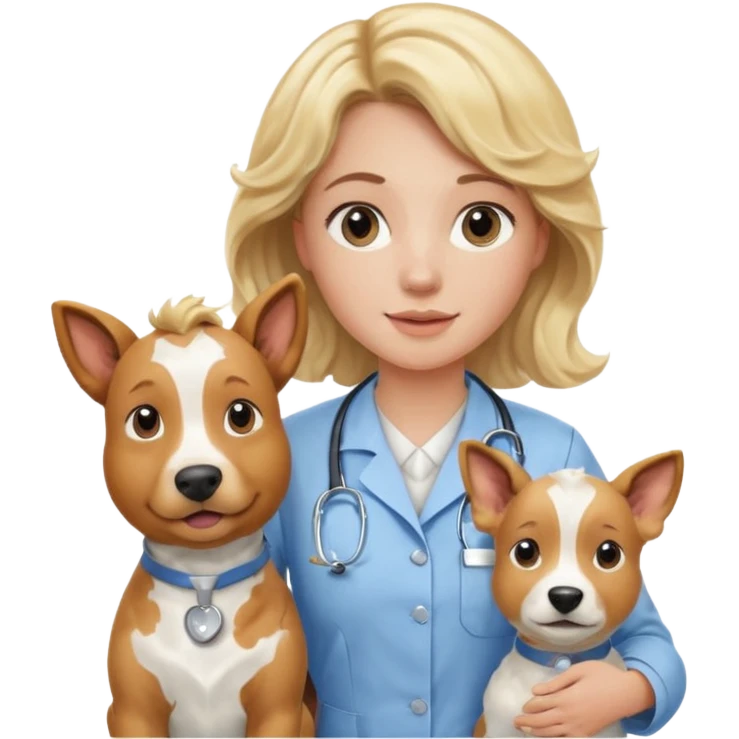 Joven mujer, de cabello bajo los hombros rubio con ondas, veterinaria de perros, vacas y caballos, con traje clínico celeste, sin delantal blanco emoji