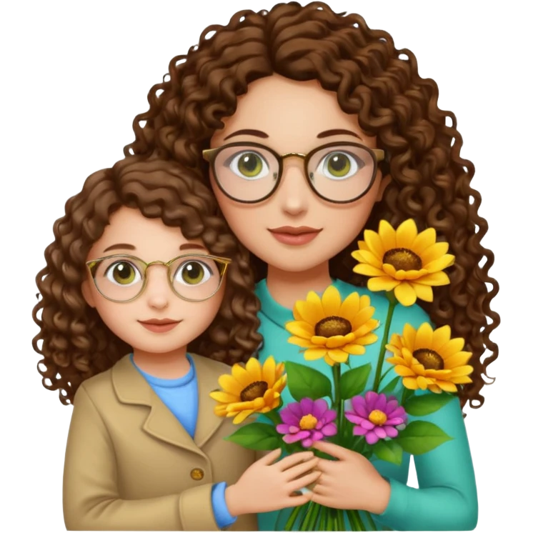 light skinned brunette long curly haired woman with green/hazel eyes framed with fine round gold rimmed glasses holding big bright bunch of flowers with one hand and young kindergarten age daughter's hand (also with long brown curly hair) in other. White background. emoji