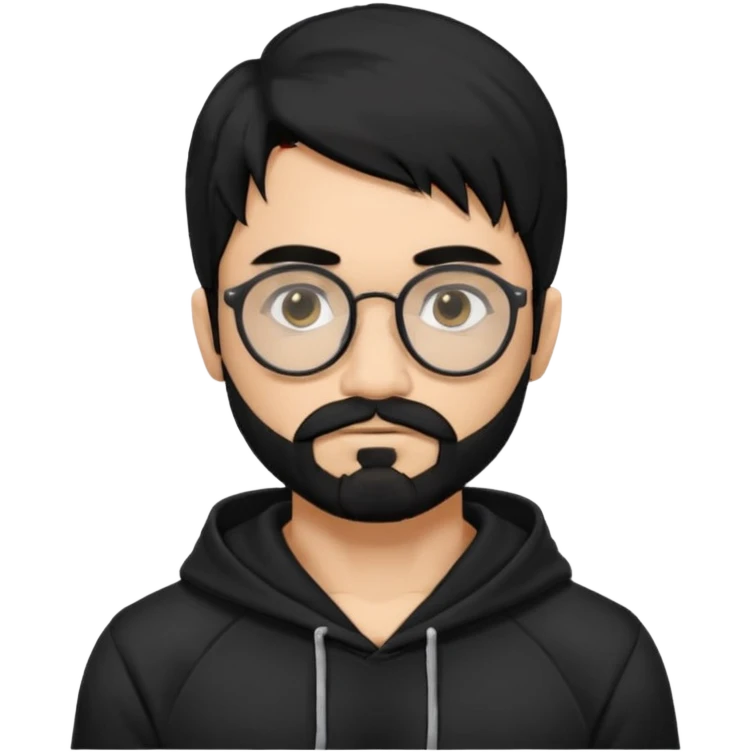 Man, hispanic skin, black hair, black beard, black mustache black eyes black t hoodie, small nose, long emo hair, muscular , round glasses emoji