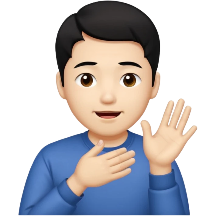 Asia guy black hair side part rubbing hand together and smirking with tongue out on the side a bit little eye and hands together emoji