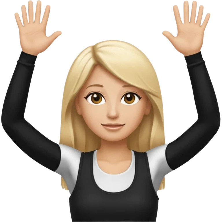 I want a white female dj animated gif emoji with long straight blonde hair putting hands up in the air. Wearing a black tight top with no sleeve emoji