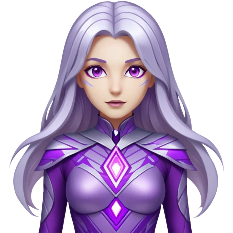of a woman with fair skin, long silver hair, and glowing purple eyes. She wears a sleek, metallic purple and silver costume with geometric patterns and glowing accents. Her body shimmers with energy emoji