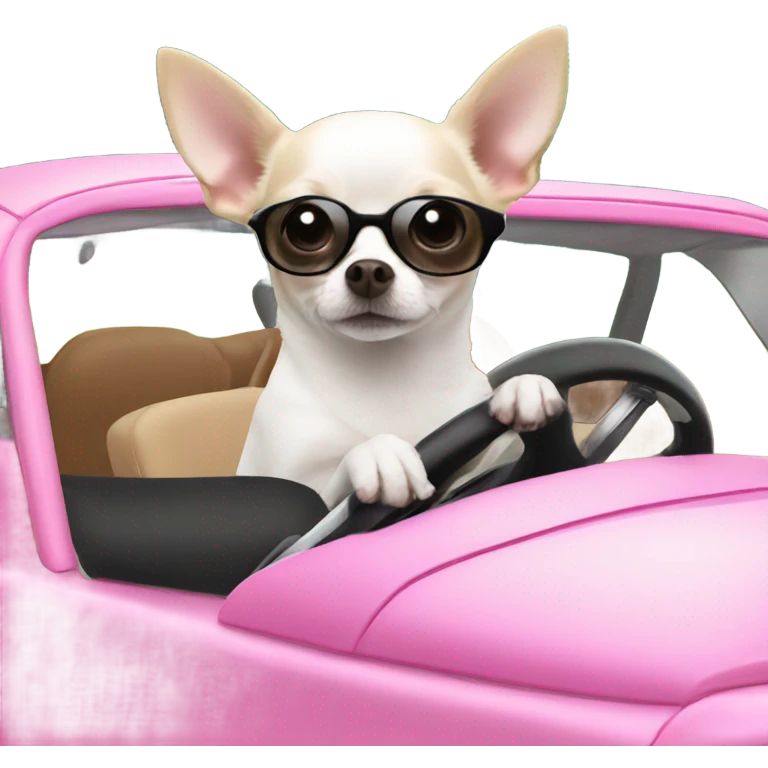 Black and white Chihuahua driving pink Fiat emoji